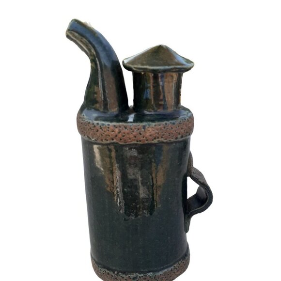 Green Glazed Teapot with Mushroom Lid Studio Art Pottery Unusual Style